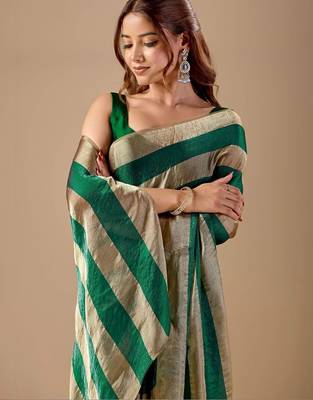 Green striped organza saree 2
