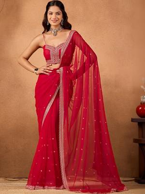 Red embellished embroidered  chiffon saree 1