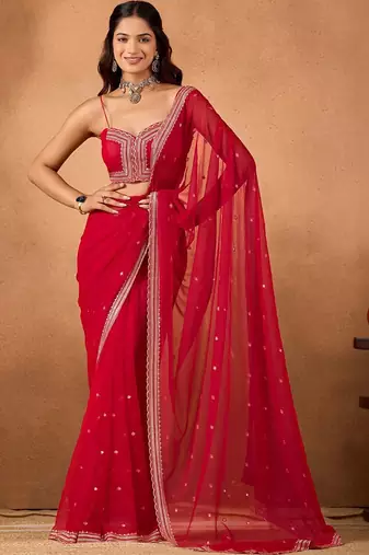 Red embellished embroidered  chiffon saree