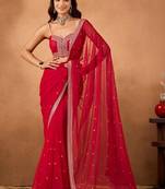 Red embellished embroidered  chiffon saree