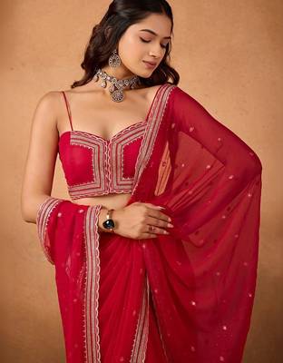Red embellished embroidered  chiffon saree 2