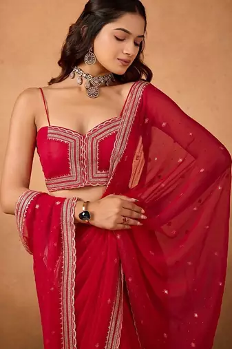 Red embellished embroidered  chiffon saree