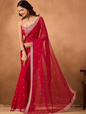 Red embellished embroidered  chiffon saree 3