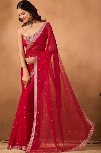 Red embellished embroidered  chiffon saree