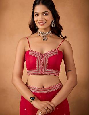 Red embellished embroidered  chiffon saree 4
