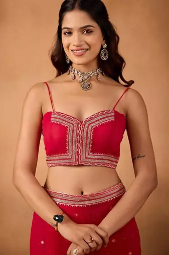 Red embellished embroidered  chiffon saree