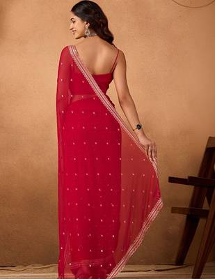Red embellished embroidered  chiffon saree 5