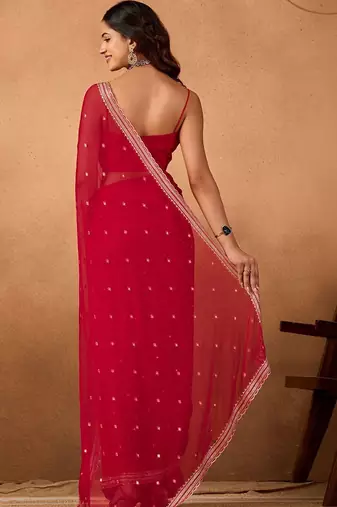 Red embellished embroidered  chiffon saree