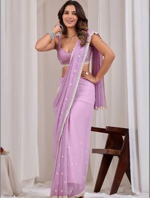 Lavender ethnic motifs embroidered  chiffon saree 1
