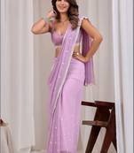 Lavender ethnic motifs embroidered  chiffon saree