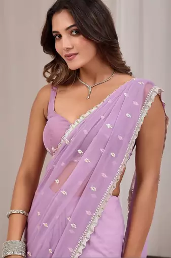 Lavender ethnic motifs embroidered  chiffon saree