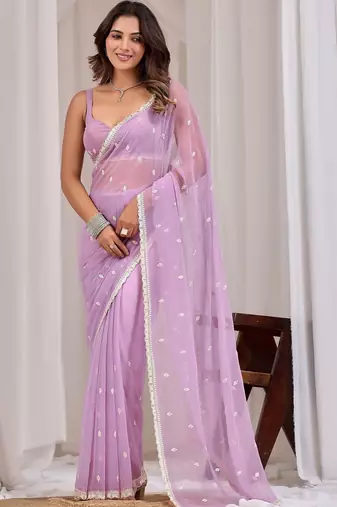 Lavender ethnic motifs embroidered  chiffon saree