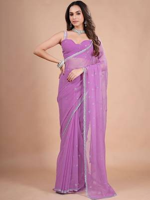 Purple embellished zari  chiffon heavy work saree 1