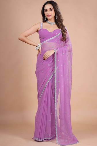 Purple embellished zari  chiffon heavy work saree
