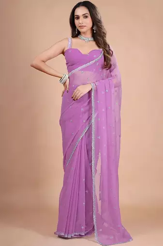 Purple embellished zari  chiffon heavy work saree