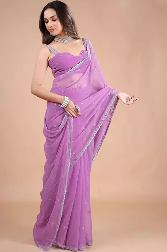 Purple embellished zari  chiffon heavy work saree