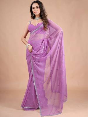 Purple embellished zari  chiffon heavy work saree 5