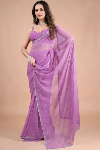 Purple embellished zari  chiffon heavy work saree