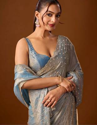 Blue embellished beads and stones silk blend heavy work saree 1