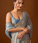 Blue embellished beads and stones silk blend heavy work saree