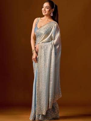 Blue embellished beads and stones silk blend heavy work saree 3