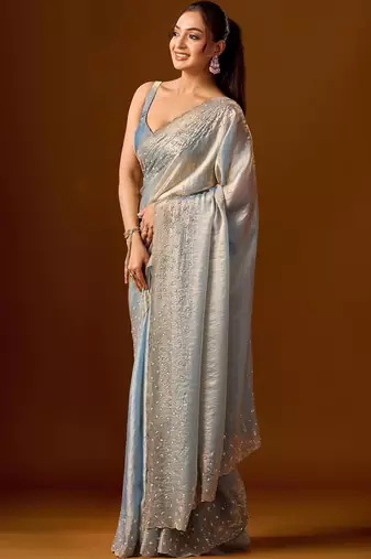 Blue embellished beads and stones silk blend heavy work saree
