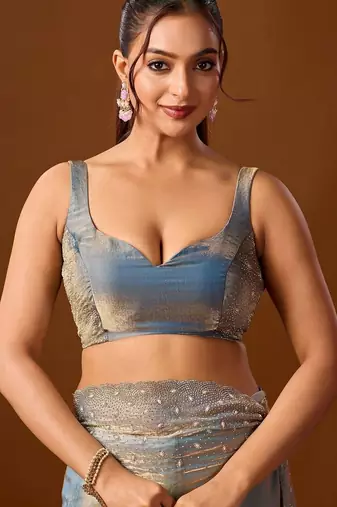 Blue embellished beads and stones silk blend heavy work saree