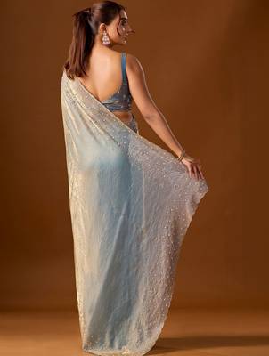 Blue embellished beads and stones silk blend heavy work saree 5