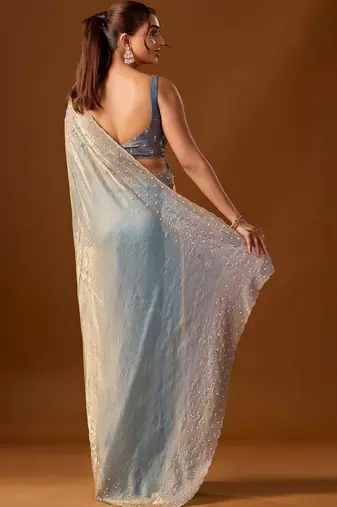 Blue embellished beads and stones silk blend heavy work saree
