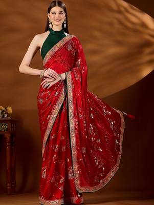 Red bandhani embroidered organza saree 1
