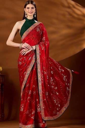 Red bandhani embroidered organza saree