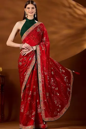 Red bandhani embroidered organza saree