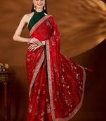 Red bandhani embroidered organza saree