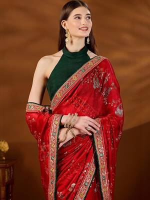 Red bandhani embroidered organza saree 2