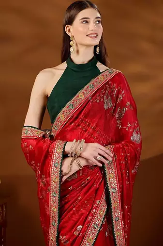 Red bandhani embroidered organza saree