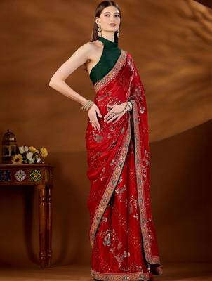 Red bandhani embroidered organza saree 3