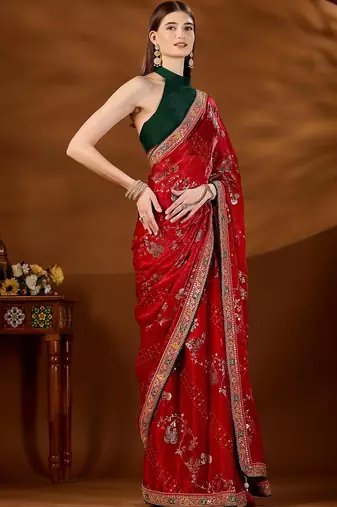 Red bandhani embroidered organza saree