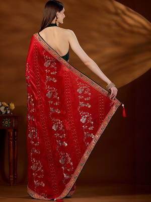 Red bandhani embroidered organza saree 4