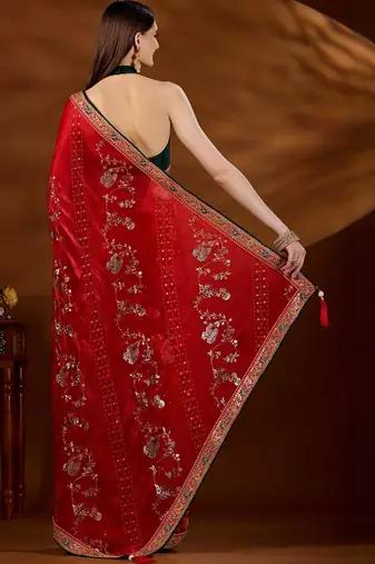 Red bandhani embroidered organza saree
