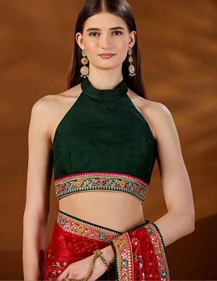 Red bandhani embroidered organza saree 5