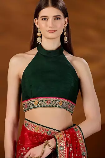 Red bandhani embroidered organza saree