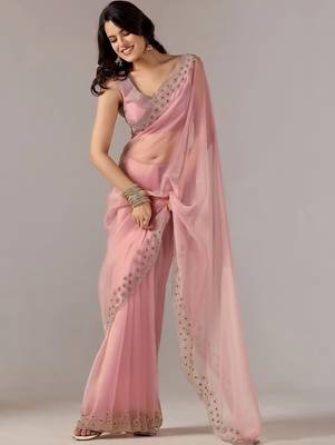 Pink embroidered  chiffon saree 1