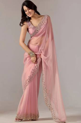Pink embroidered  chiffon saree