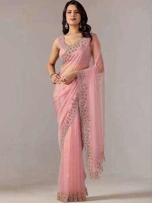 Pink embroidered  chiffon saree 3