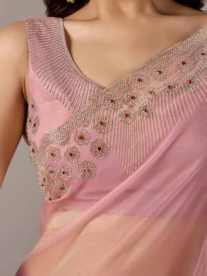 Pink embroidered  chiffon saree 4
