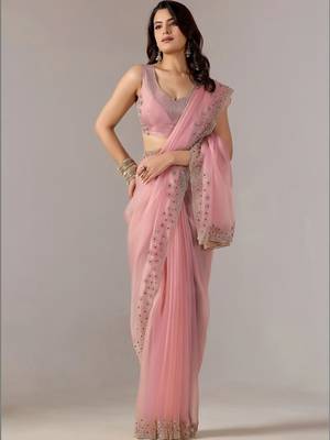 Pink embroidered  chiffon saree 5