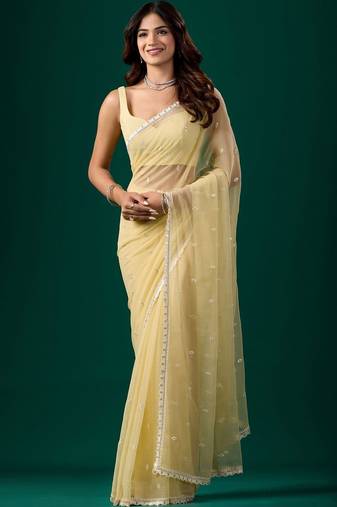Yellow woven design embroidered  chiffon saree