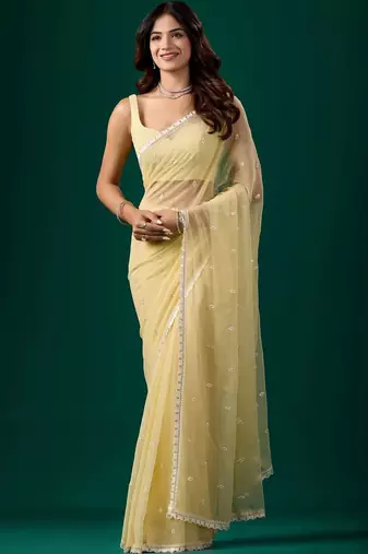 Yellow woven design embroidered  chiffon saree