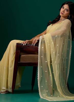 Yellow woven design embroidered  chiffon saree 3