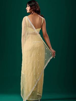 Yellow woven design embroidered  chiffon saree 5